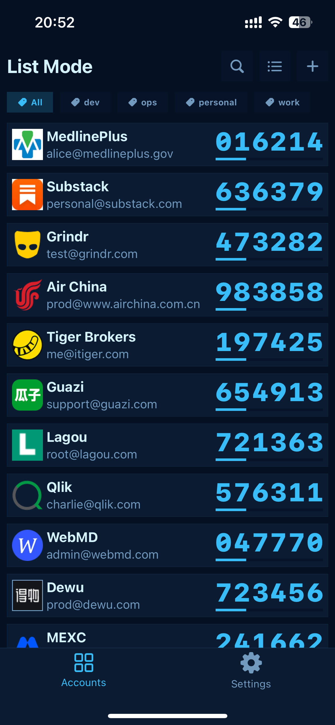 Auth Mate dark theme — account list